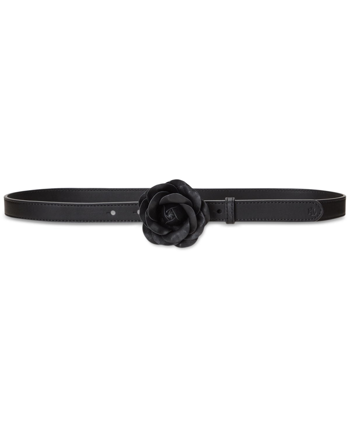 Shop Lauren Ralph Lauren Women's Leather Floral-buckle Skinny Belt In Black