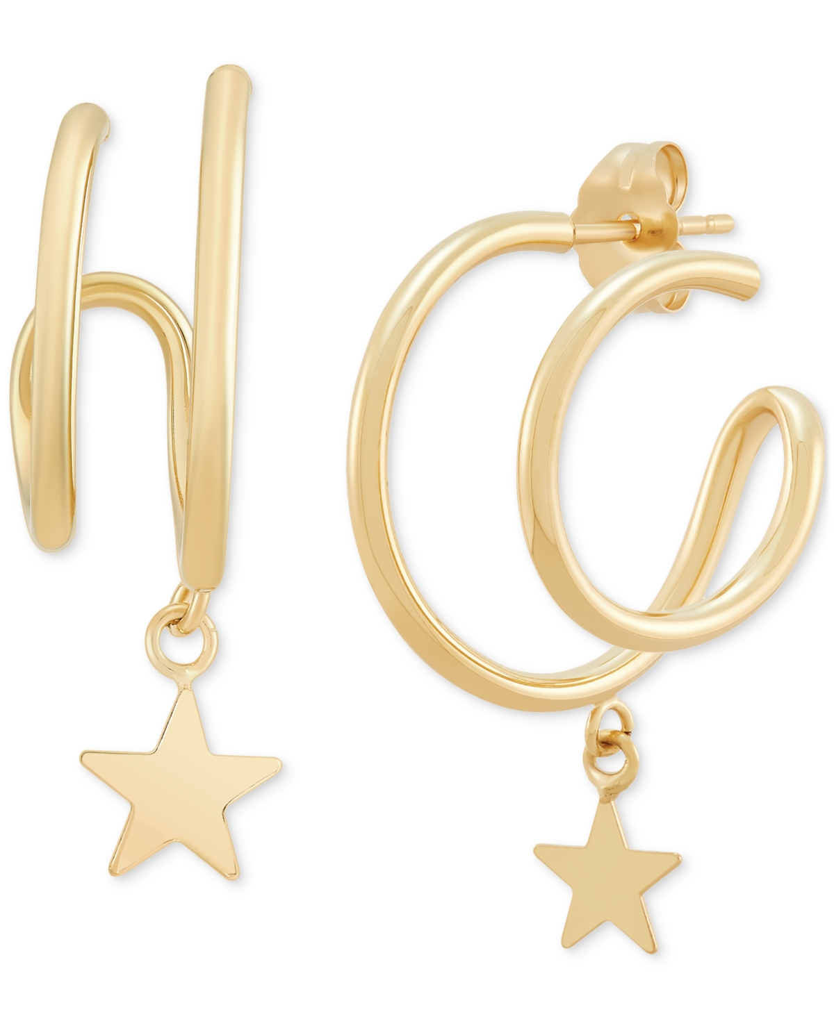 Macy's Polished Double Illusion Dangling Star Hoop Earrings In 14k Gold In Yellow Gold