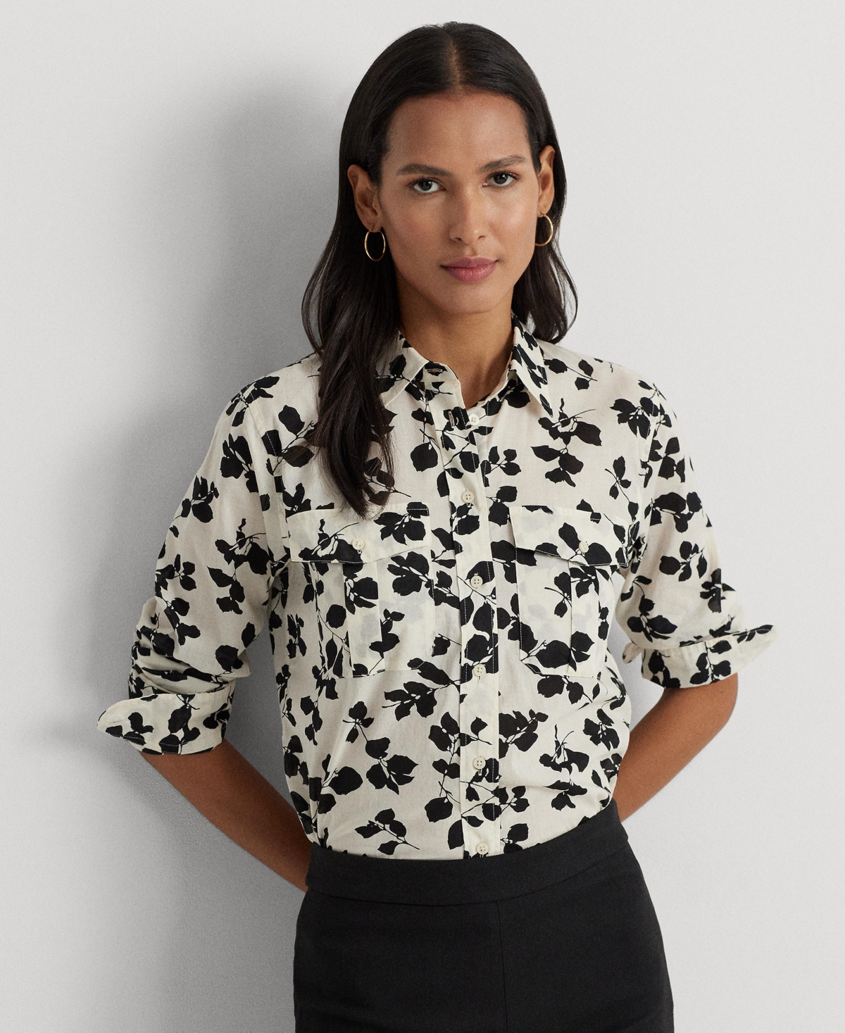 Lauren Ralph Lauren Petite Cotton Printed Shirt In Cream,black