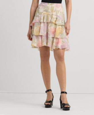 로렌 랄프로렌 Lauren Ralph Lauren Womens Floral Crinkle Georgette Tiered Skirt,Cream Multi