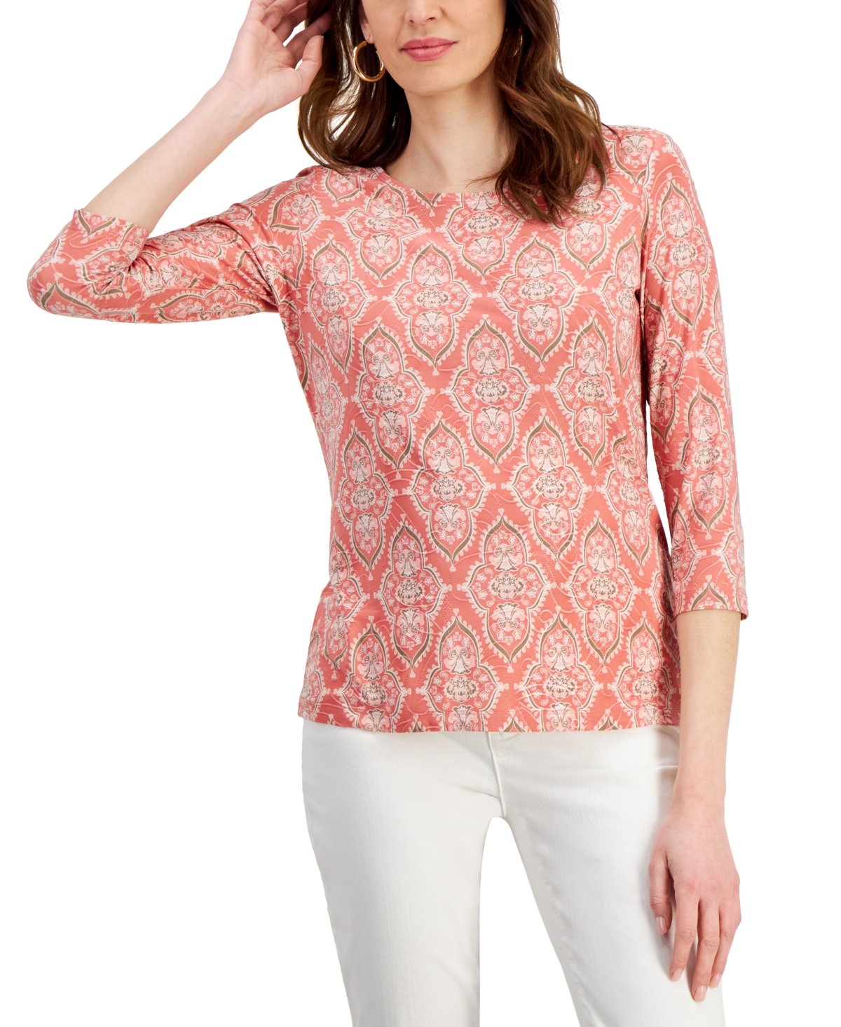 Shop Jm Collection Petite Misty Medallion Jacquard Top, Created For Macy's In Burnt Brick Combo