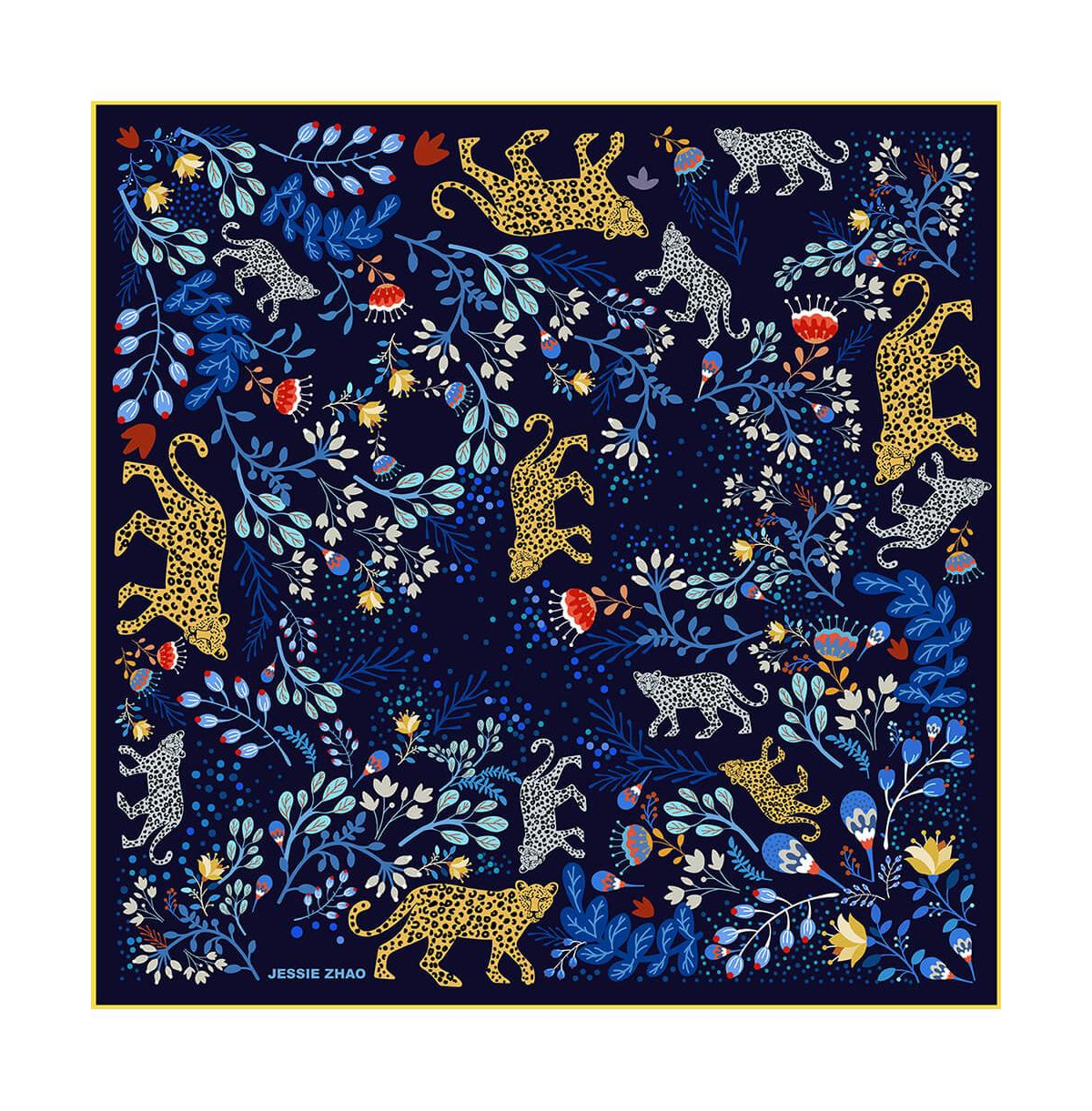 Double Sided Silk Scarf Of Amazon Rainforest Journey in Blue - Blue and yellow