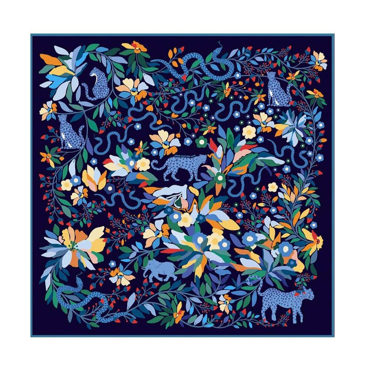 Double Sided Silk Scarf Of Night Zoo - Navy and blue
