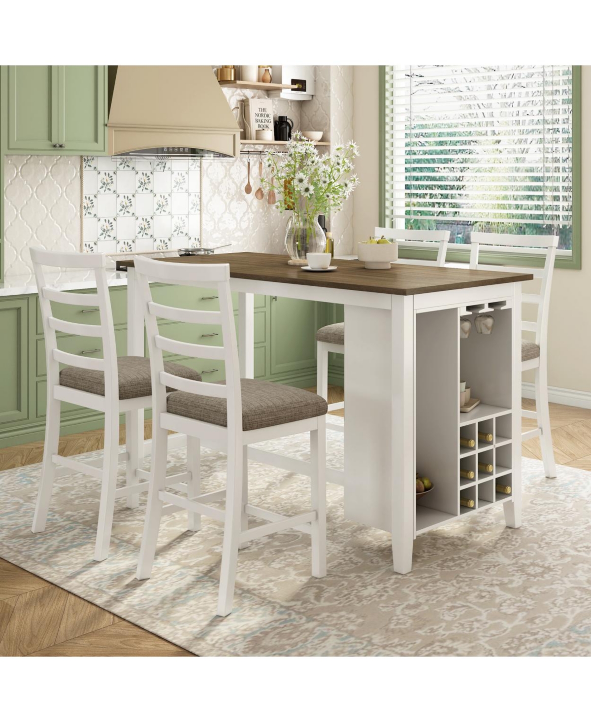 Simplie Fun 5-Piece Multi-Functional Rubberwood Counter Height Dining Set With Padded Chairs