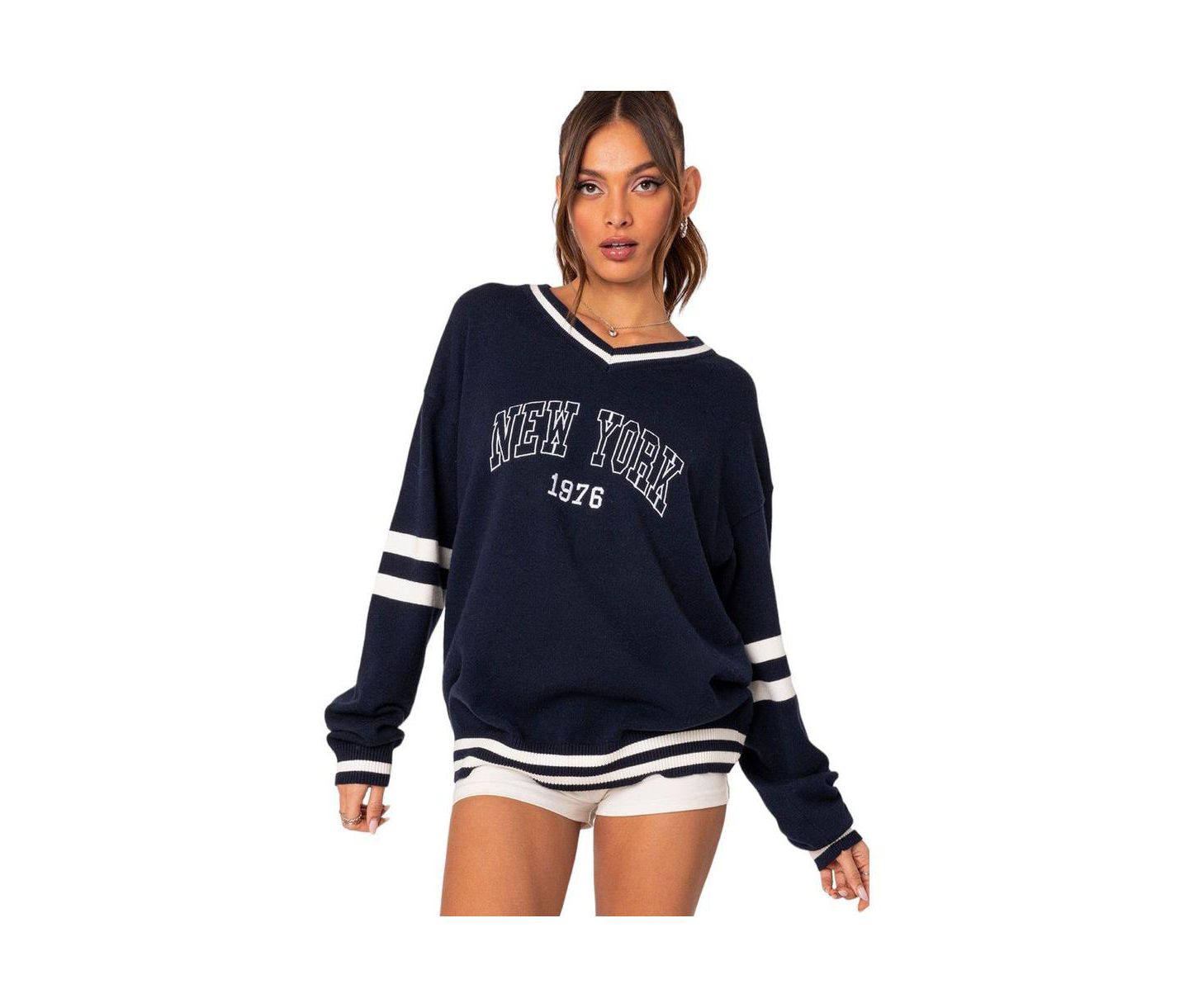 Женский свитер Edikted 90s In New York oversized sweater, цвет: Тёмно-синий — фото 1