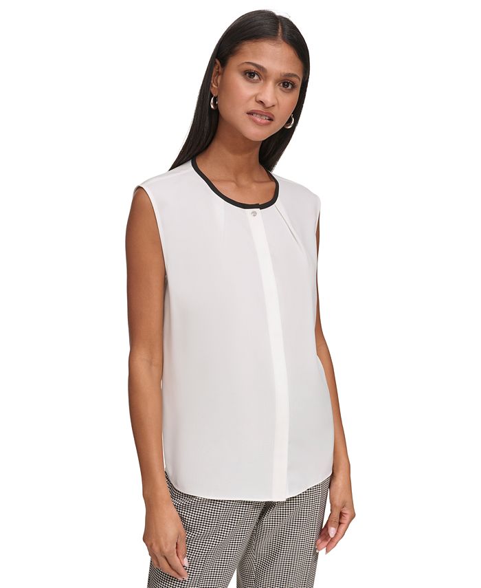 Karl Lagerfeld Paris Women's Sleeveless Collared Blouse - Button Front Knit Cami Top, 22 Inch Length
