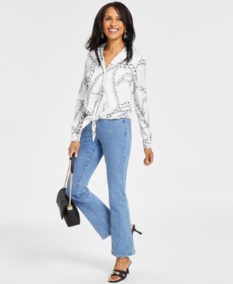 売れ筋商品|||ジェイエムコレクション カットソー トップス レディース Women's Printed Tie-Neck Long-Sleeve Blouse, Exclusively at Macy's Intrepid Blue Combo Women's Blue Tie Front Shirts & Tops - Macy's