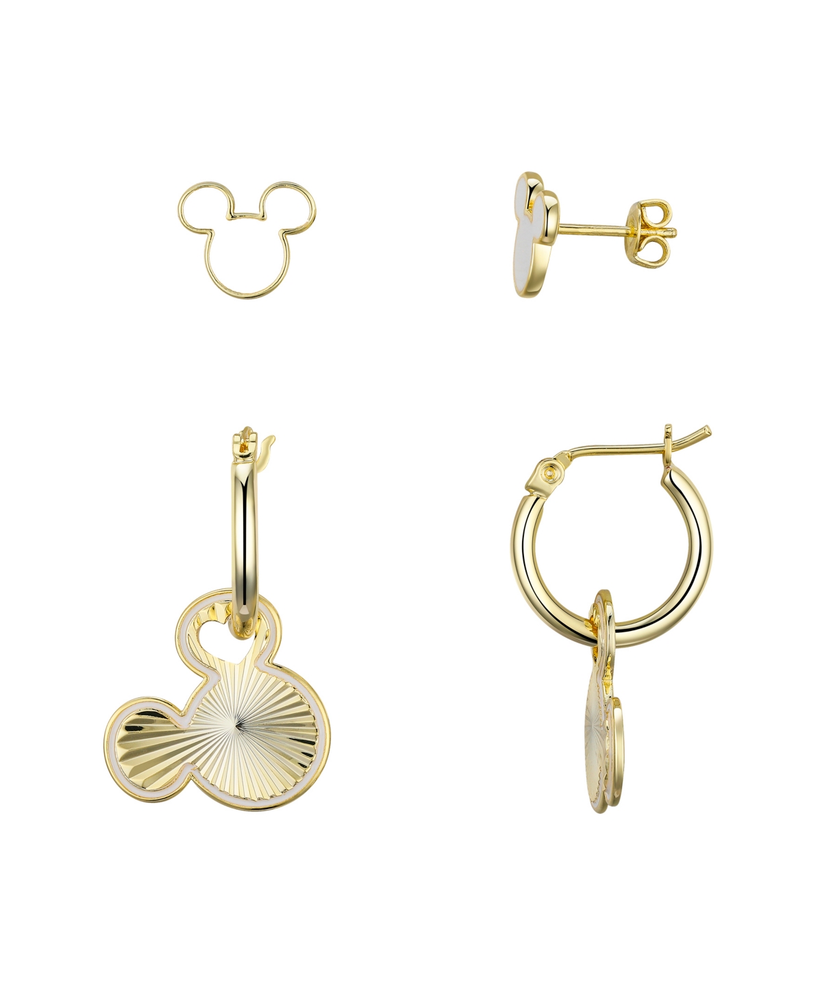 Disney White Enamel Stud And Diamond Cut Mickey Mouse Hoop Earring Set In Gold