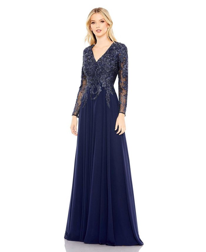 Mac Duggal Women's Embroidered Illusion Long Sleeve V Neck Gown - Macy's