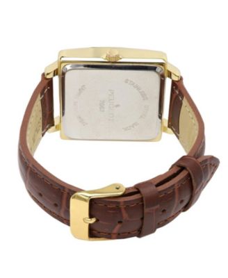 Men's 35mm 14K Gold Plated Square Watch with Brown leather Strap