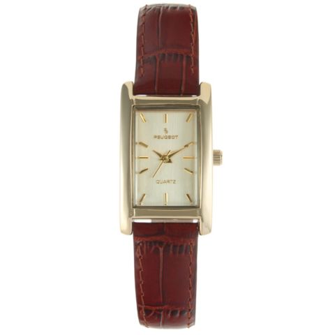 Женские часы Peugeot 34x20mm Contour Dress Watch Brown Leather Strap, цвет: Чёрный