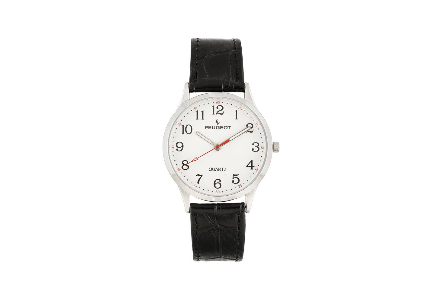 Женские часы Peugeot 40mm Large Face Watch with Bold Arabic Numerals and Leather Band, цвет: Чёрный — фото 1