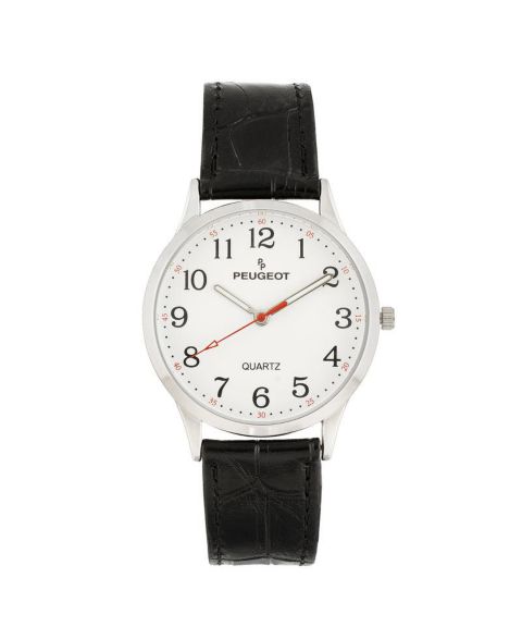 Женские часы Peugeot 40mm Large Face Watch with Bold Arabic Numerals and Leather Band, цвет: Чёрный