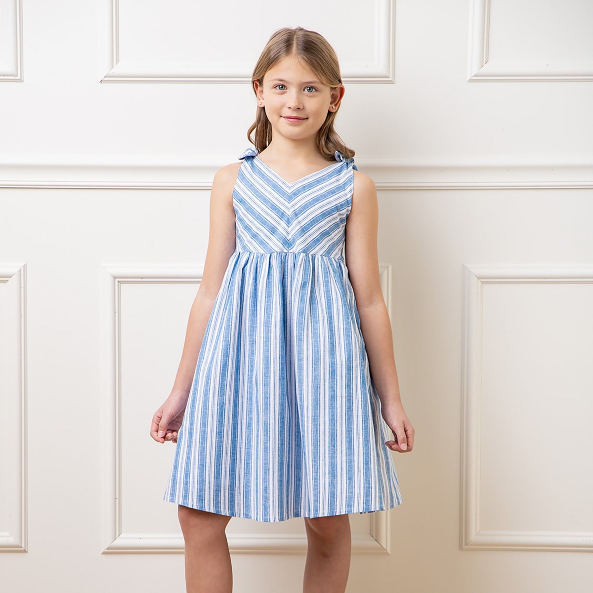 Hope & Henry Girls' Sleeveless Bow Shoulder Swing Dress