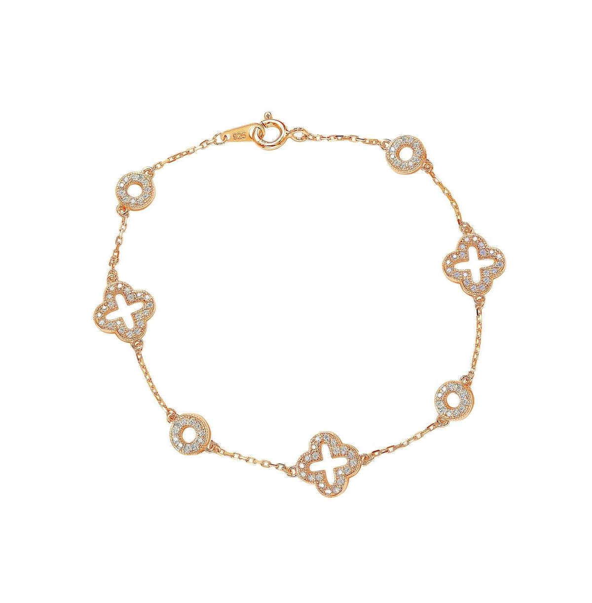 Suzy Levian Sterling Silver Cubic Zirconia Clover and Circle Station Bracelet - Gold