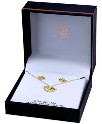 2-Pc. Set Cubic Zirconia Double Heart Pendant Necklace & Matching Stud Earrings in 18k Gold-Plated Sterling Silver, Created for Macy's