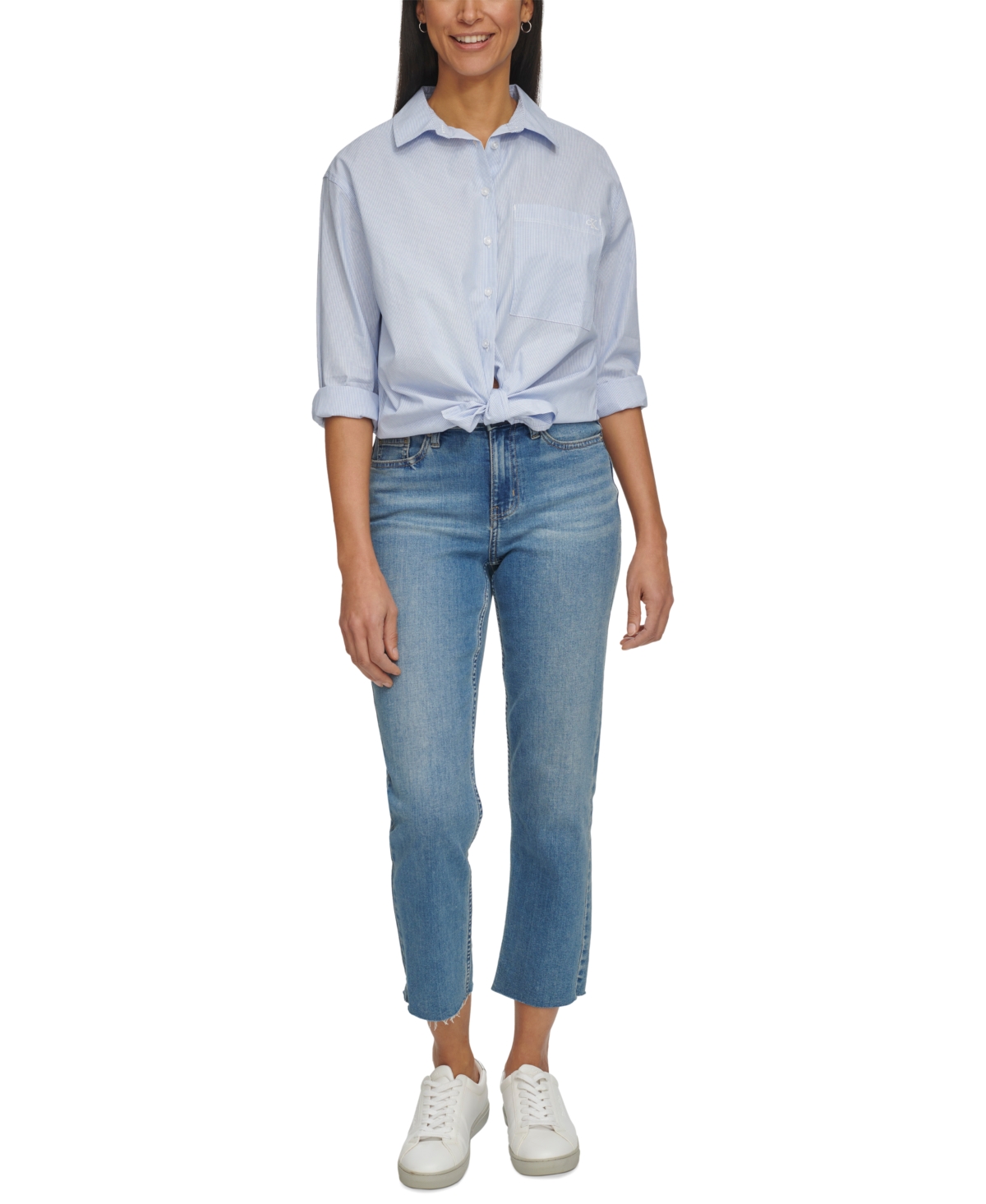 Shop Calvin Klein Jeans Est.1978 Women's Cotton Striped Boyfriend-fit Shirt In Blue,white
