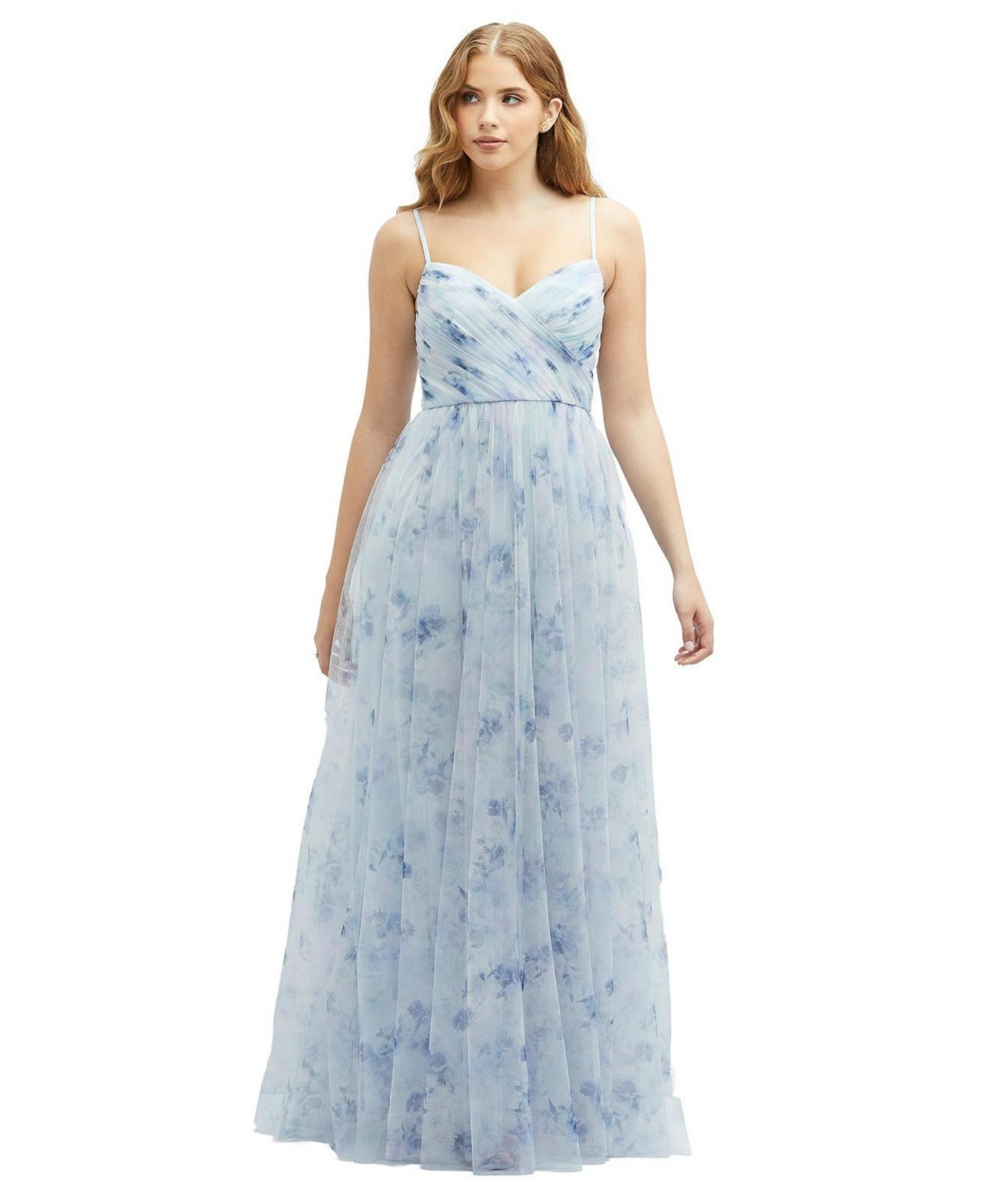 Floral Ruched Wrap Bodice Tulle Dress with Long Full Skirt - Mist garden