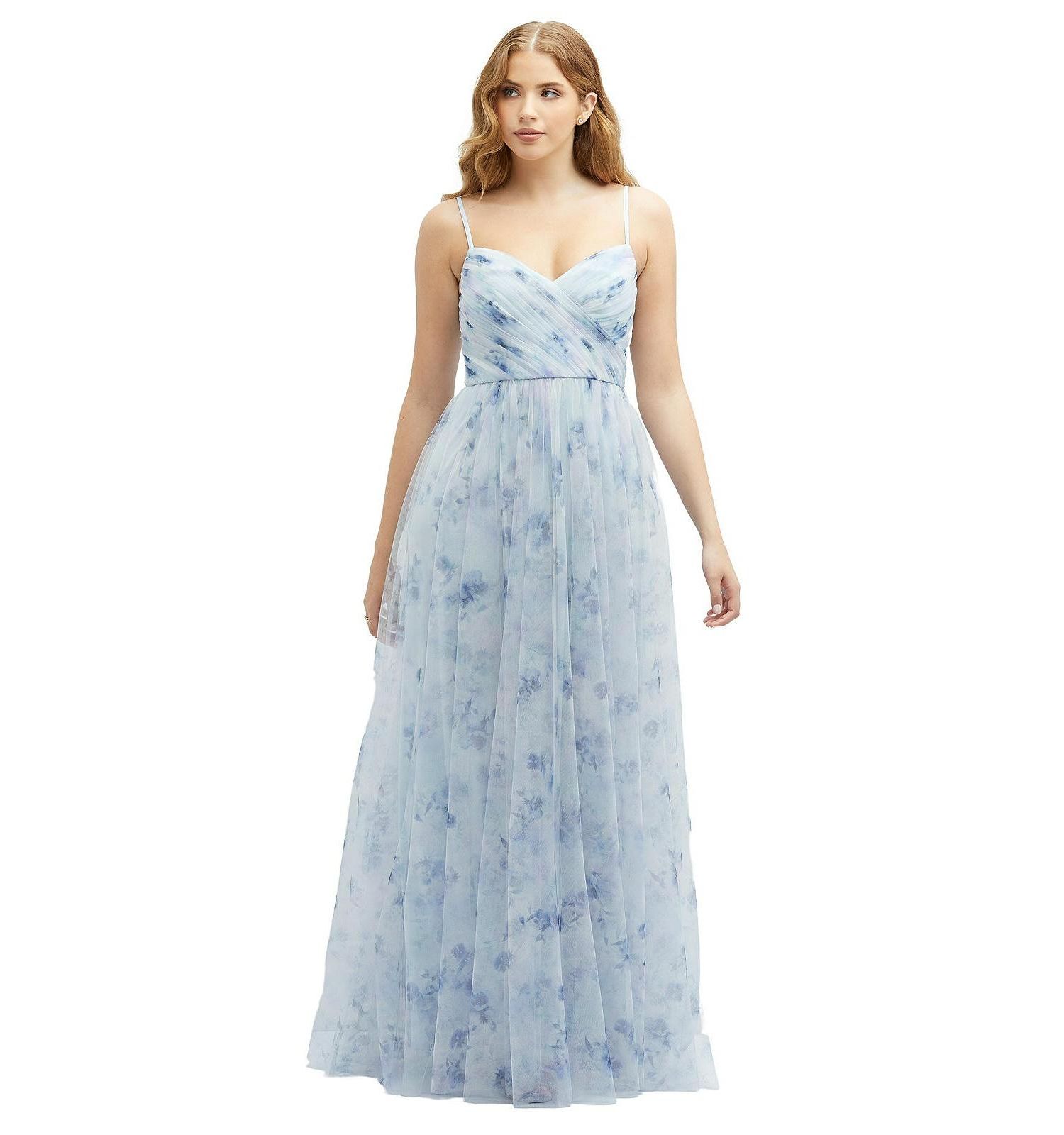 Ruched Wrap Bodice Tulle Dress with Long Full Skirt