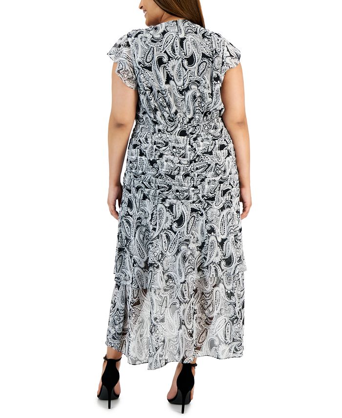 Full Size Paisley Print Satin Tiered Midi Dress Plus Size