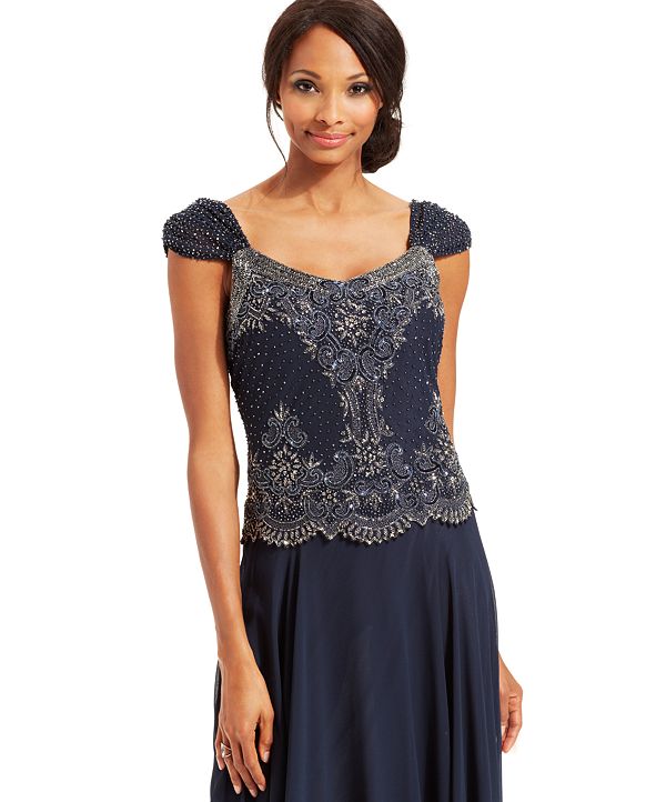 j kara beaded gown and chiffon scarf