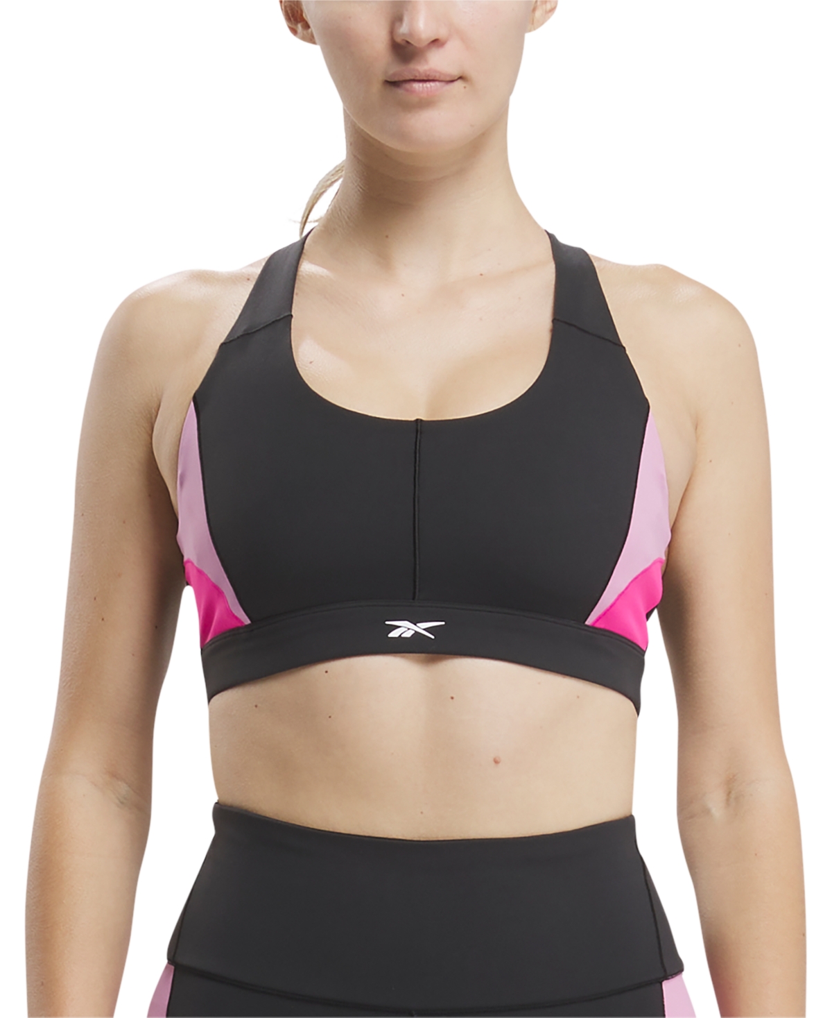 Shop Reebok Women's Active Lux Racerback Colorblocked Sports Bra In Black,laspin