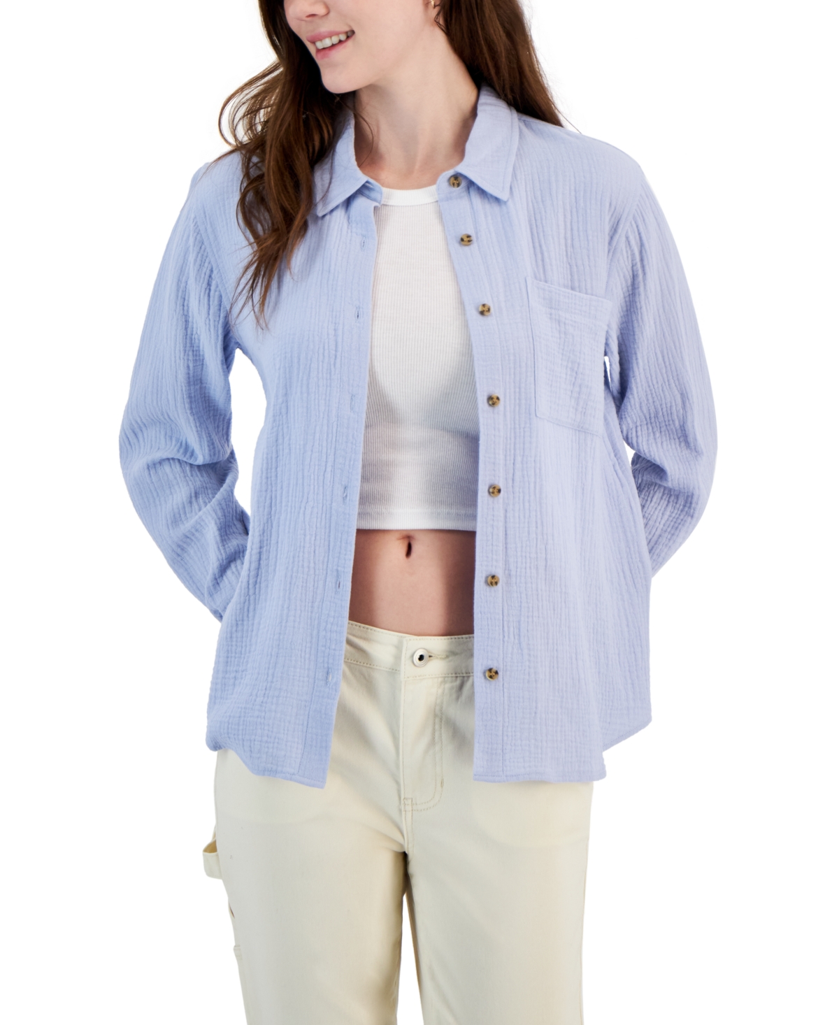 Juniors' Button-Front Gauze Shirt - Skylight Blue