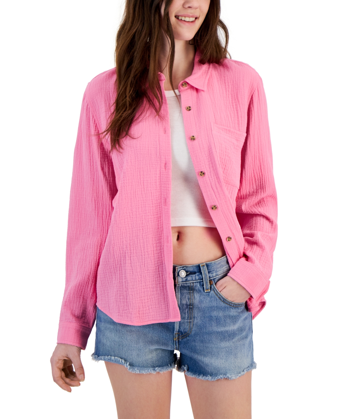 Shop Hippie Rose Juniors' Button-front Gauze Shirt In Agave Pink
