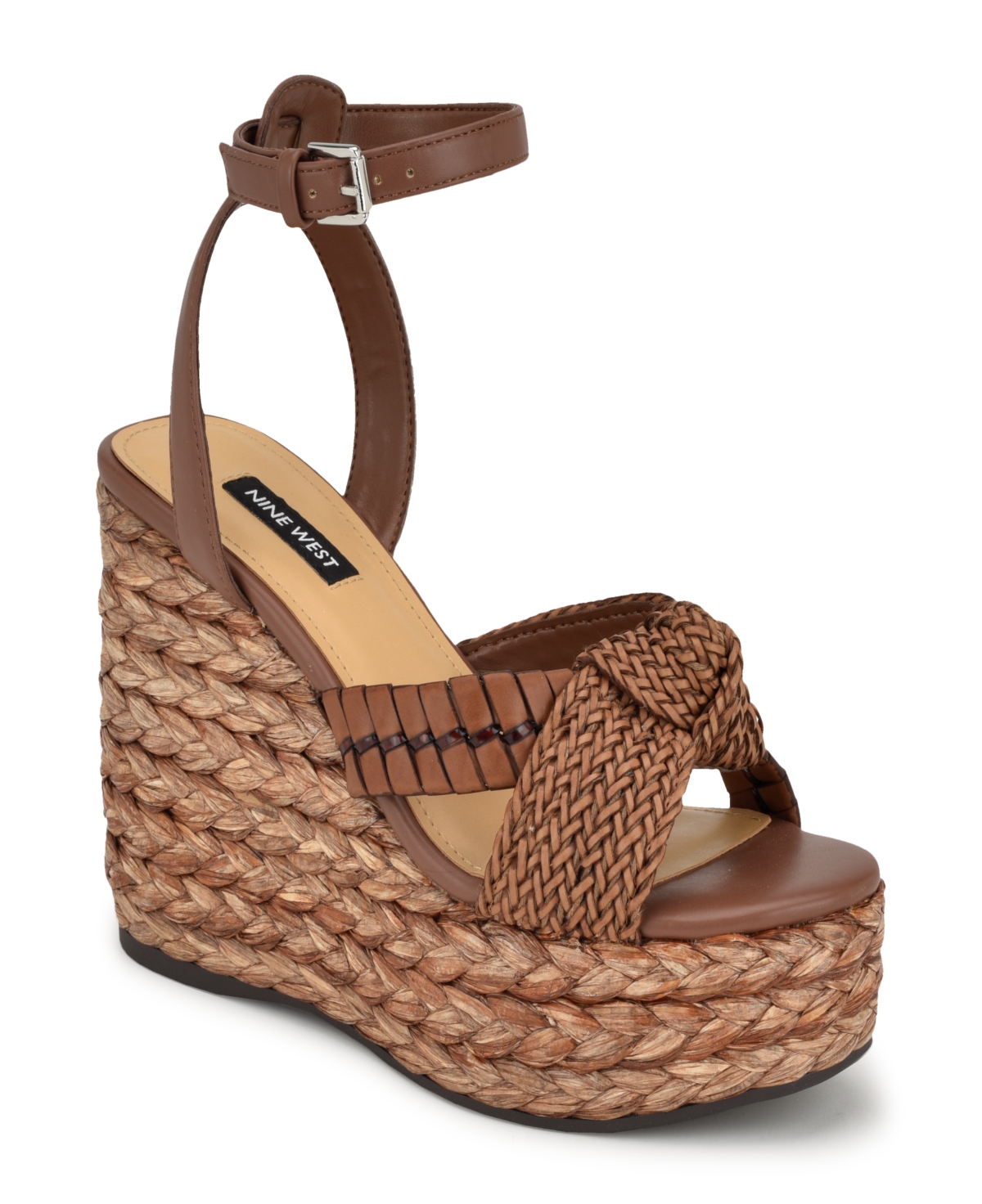 Shop Nine West Women's Eaden Ankle Strap Round Toe Wedge Sandals In Dark Brown