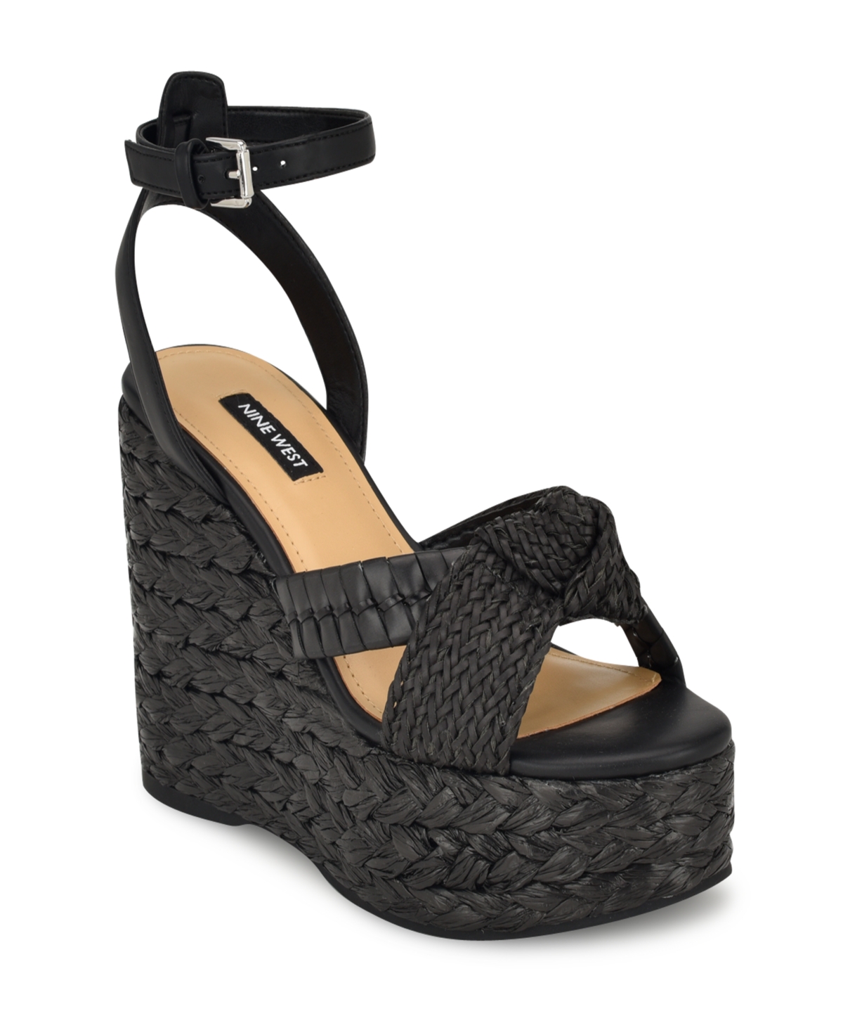 Shop Nine West Women's Eaden Ankle Strap Round Toe Wedge Sandals In Black