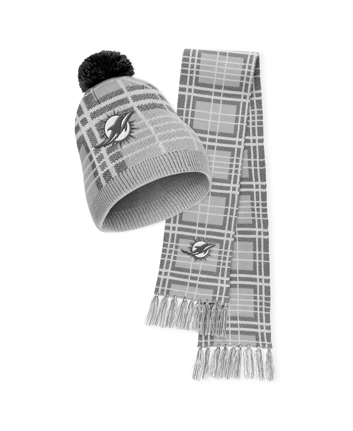 Wear By Erin Andrews Women's  Miami Dolphins Plaid Knit Hat With Pom And Scarf Set In Gray
