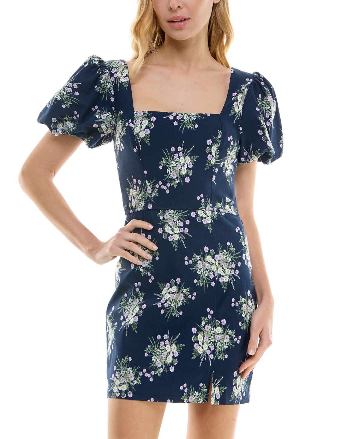 Juniors' Printed Puff-Sleeve Bodycon Dress - Navy Floral