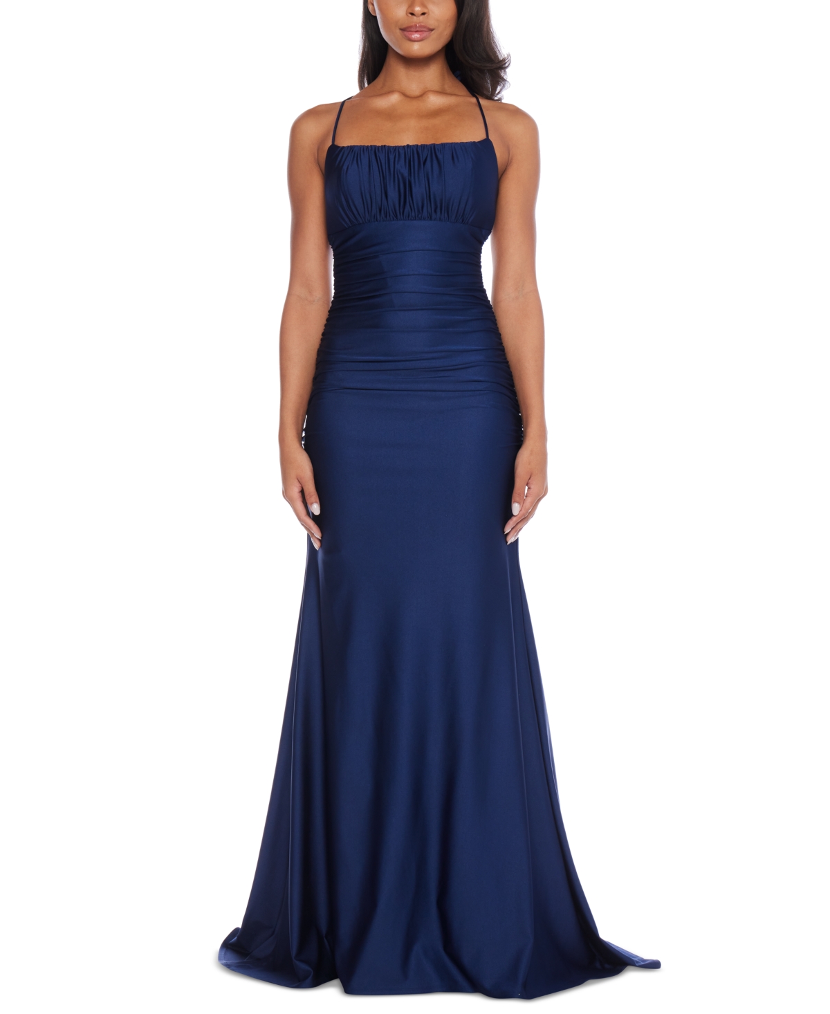 B Darlin Juniors' Square-neck Ruched Strappy Sleeveless Gown In Navy