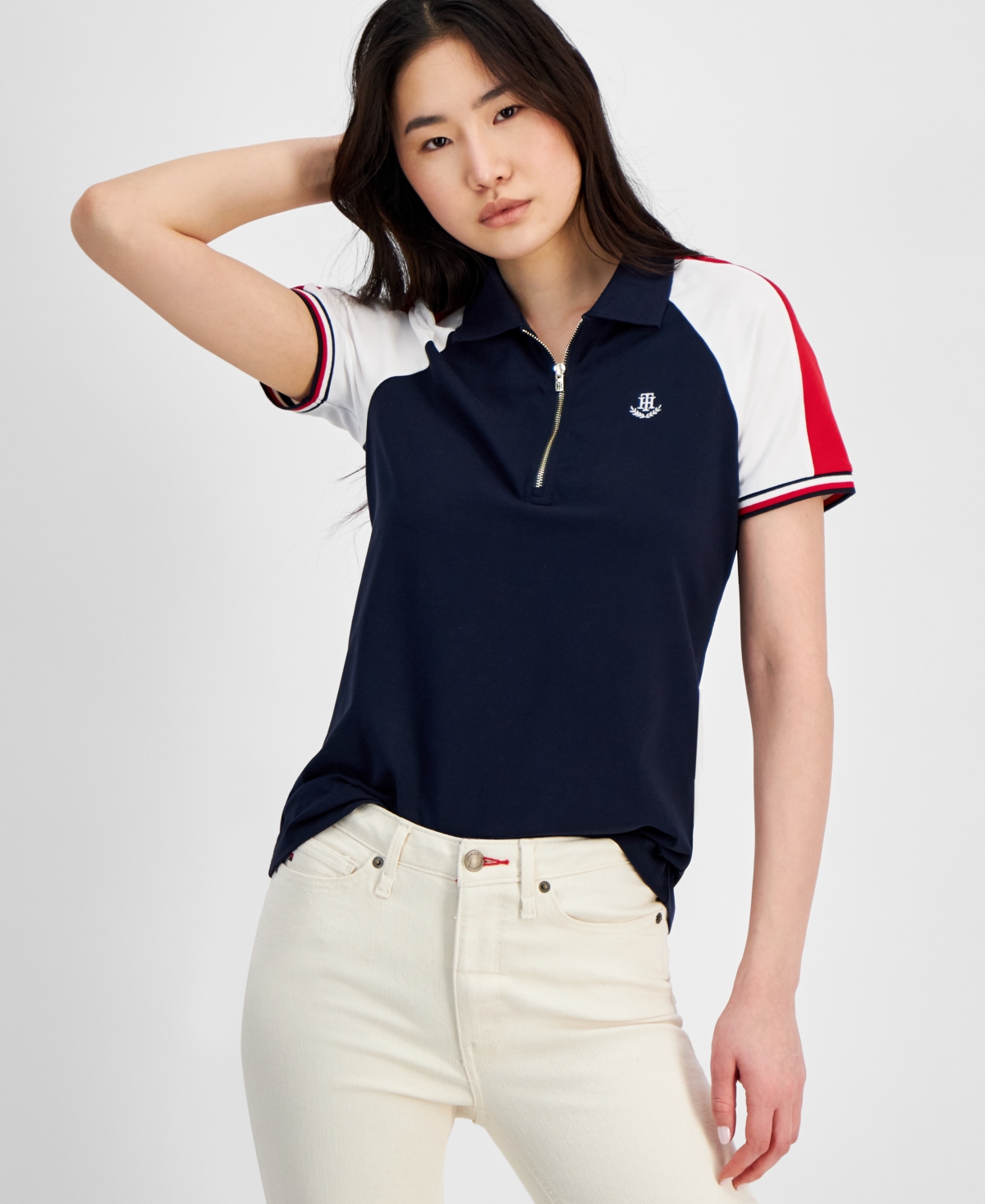 Shop Tommy Hilfiger Women's Colorblocked Polo Shirt In Navy