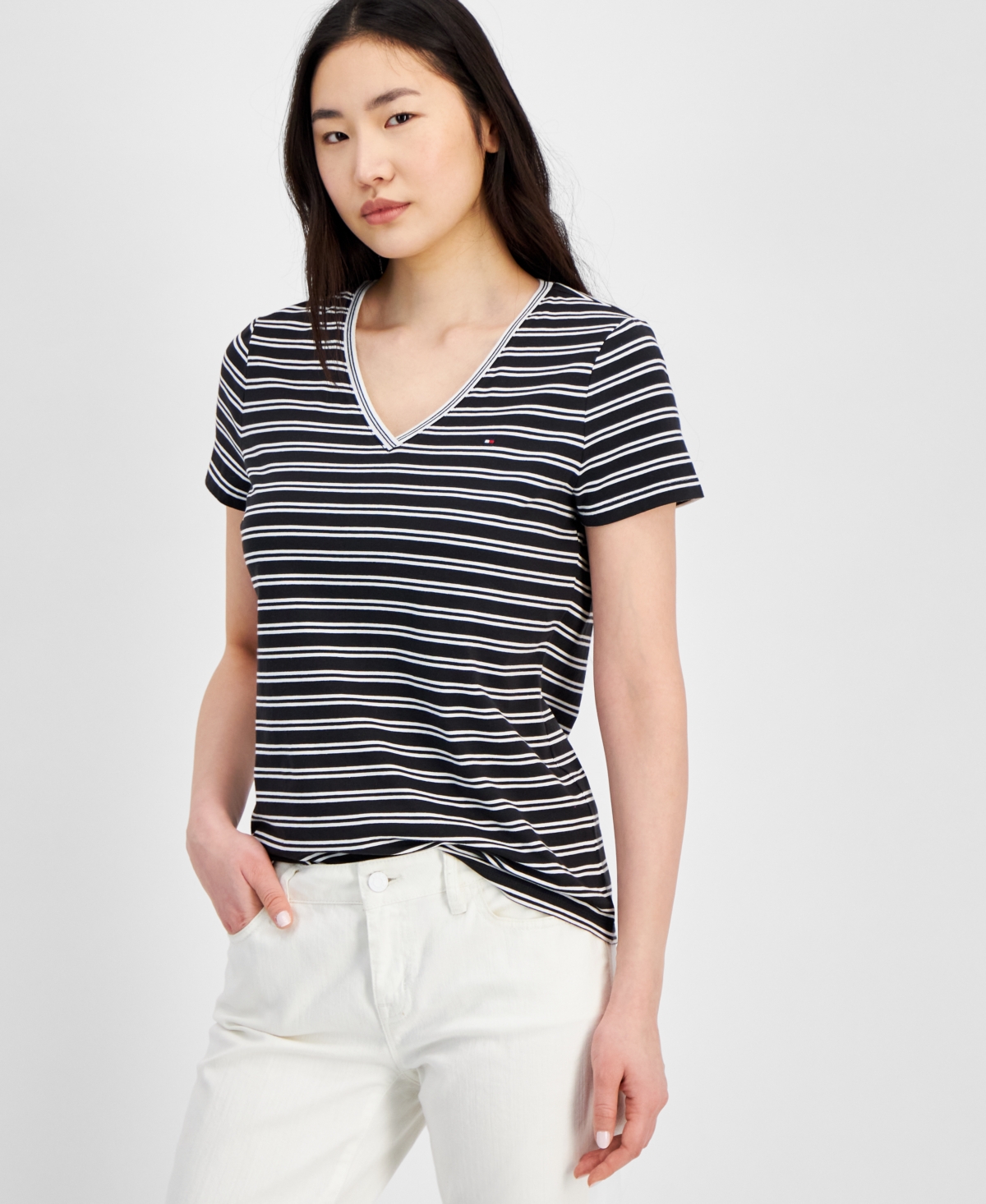 Tommy Hilfiger Women's Short-sleeve Double Striped Tee In Charcoal