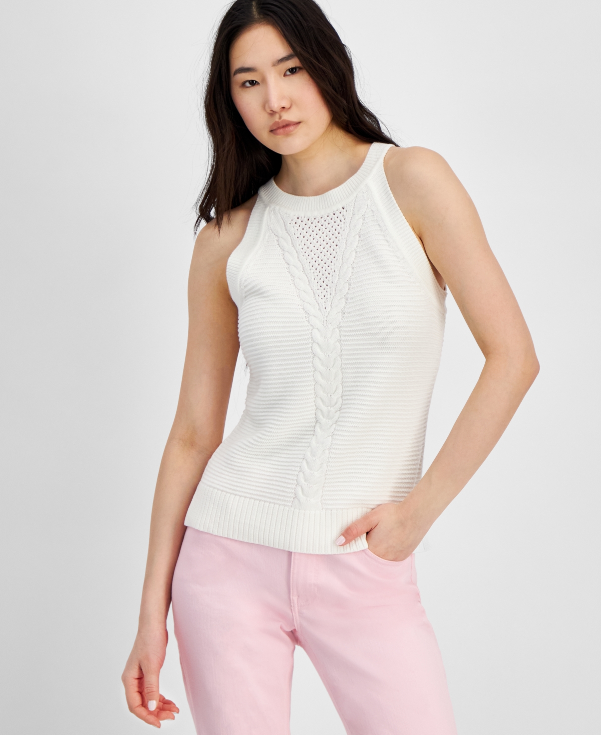 Shop Tommy Hilfiger Women's Round-neck Sleeveless Sweater In White