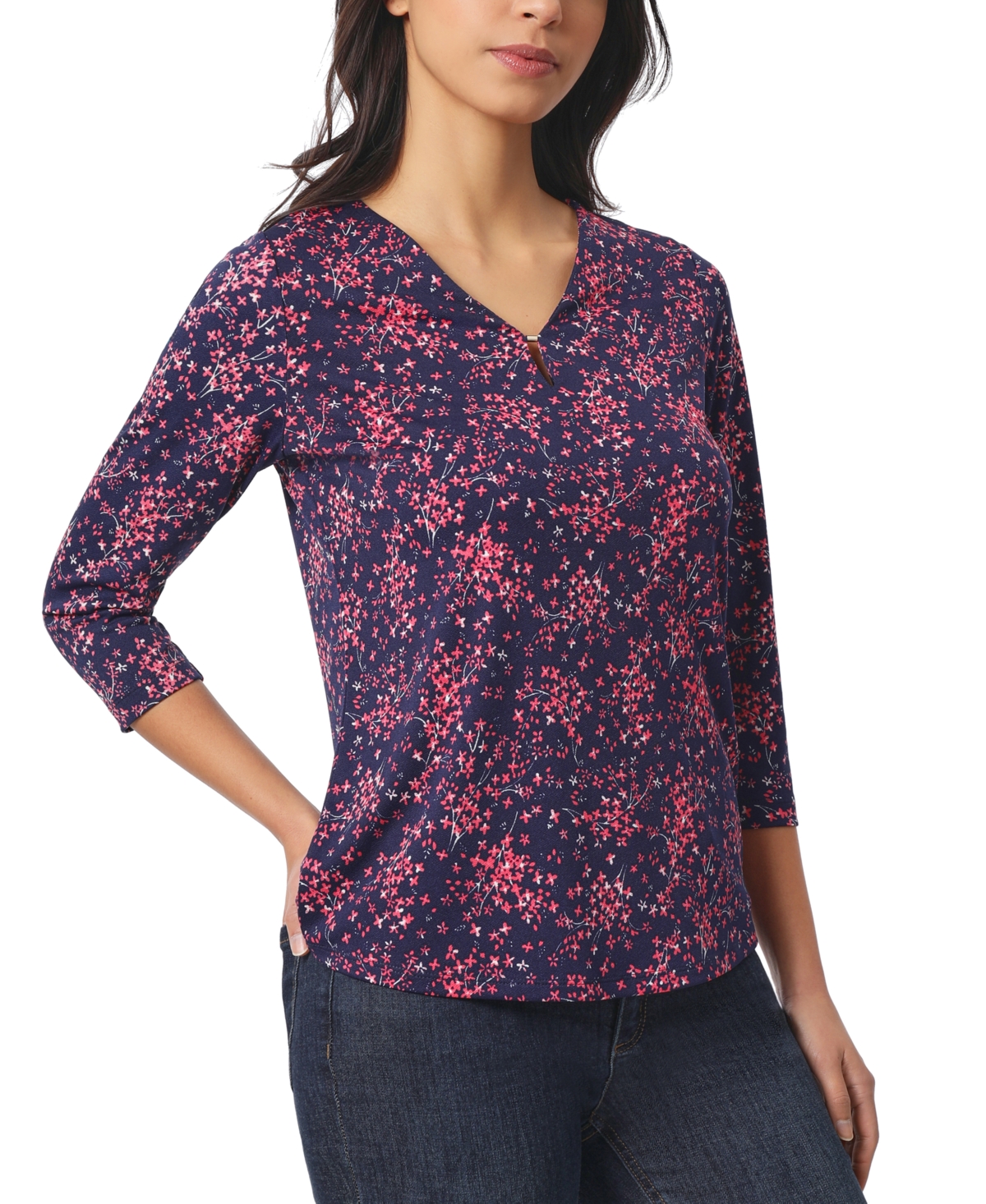 Petite Printed Keyhole 3/4-Sleeve V-Neck Top - Pacific Navy