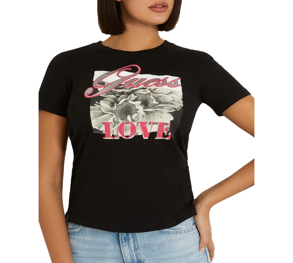 Shop Guess Women's Graphic Print Short-sleeve Cotton T-shirt In Jet Black A