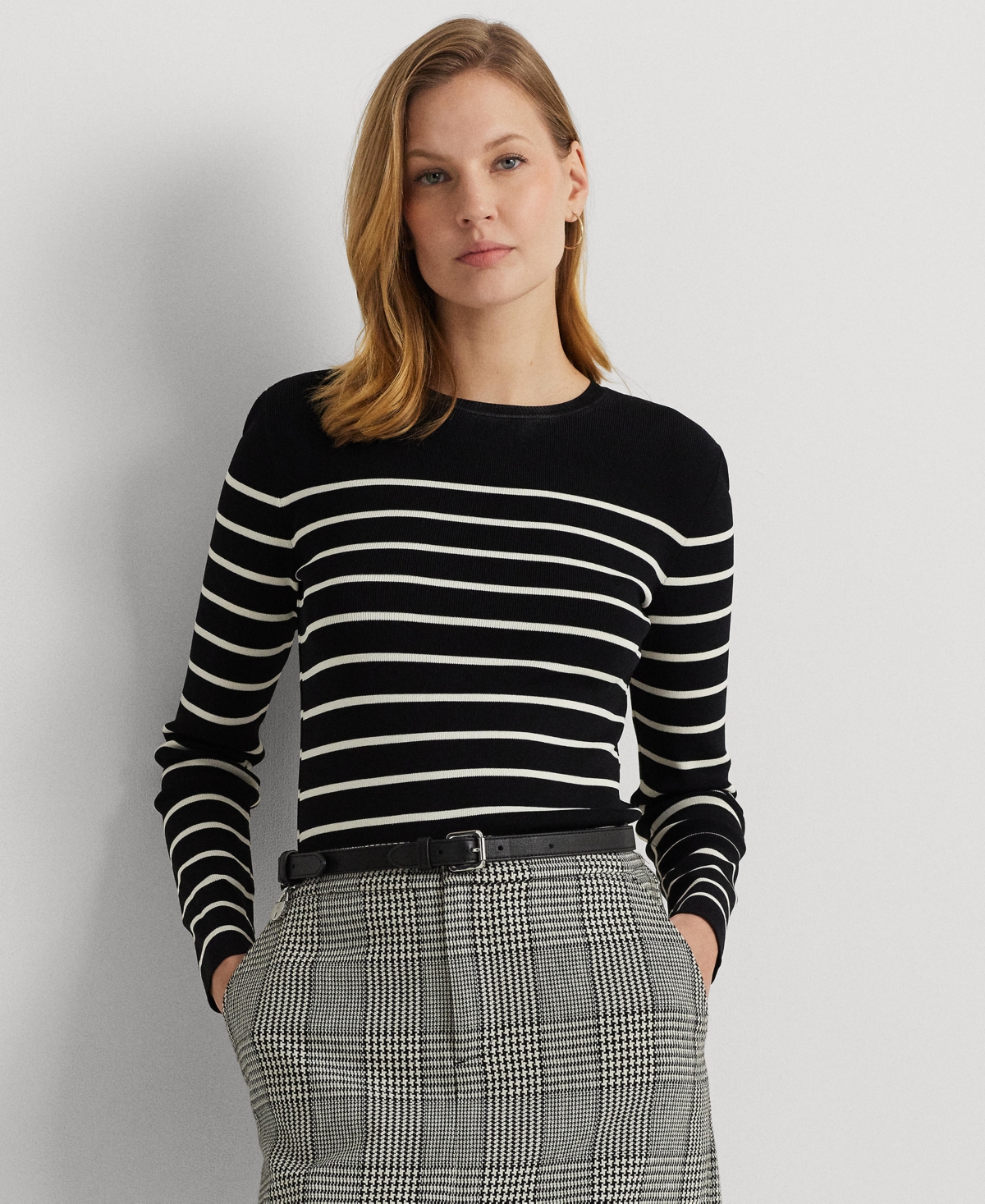 Shop Lauren Ralph Lauren Women's Petite Striped Crewneck Sweater In Mascarpone Cream,black