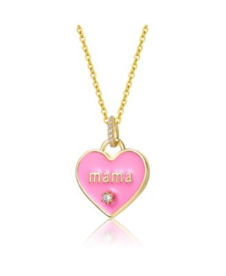 Kids 14k Yellow Gold Plated with Cubic Zirconia MAMA Pink Enamel Heart Pendant Layering Necklace