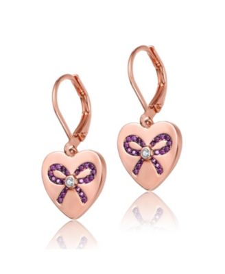 Kids/Young Teens 18K Rose Gold Plated with Infinity Ribbon Paved on Heart Shaped Dangle Earrings