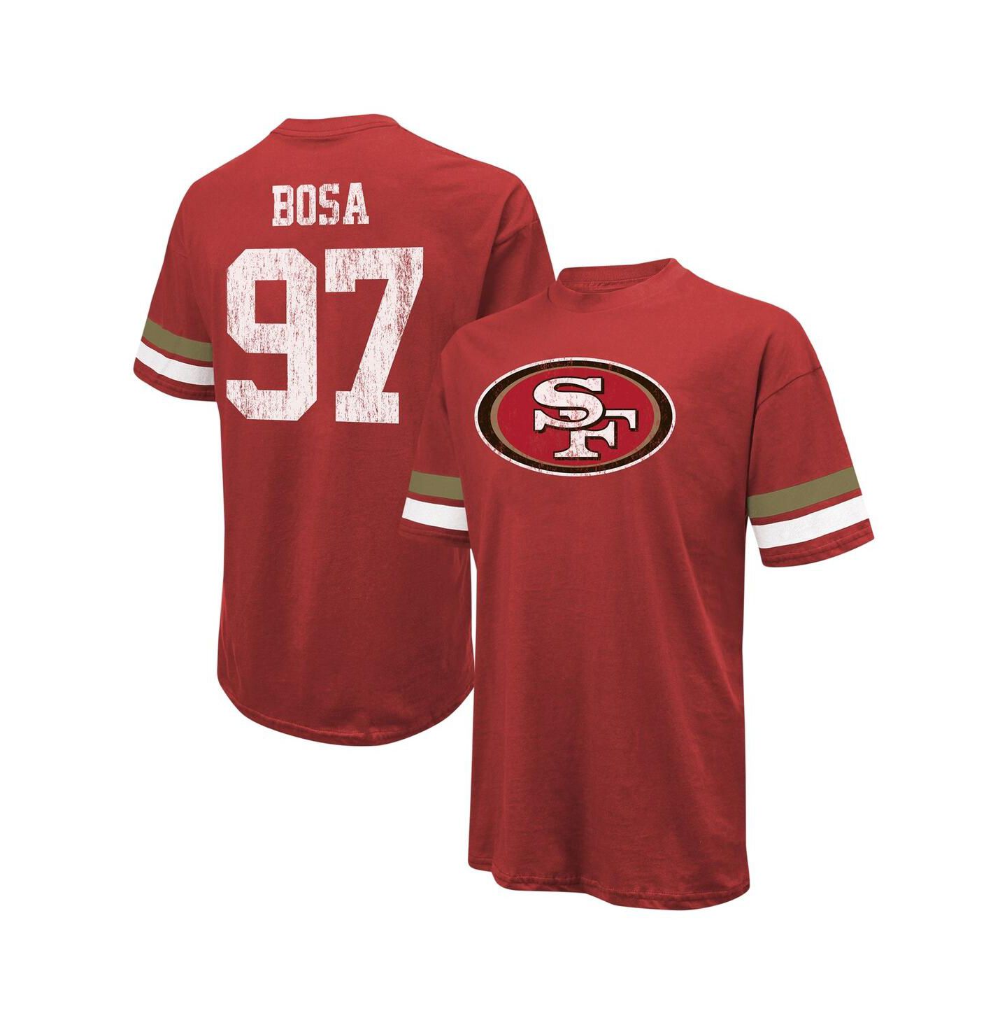 Мужская футболка Majestic Threads Nick Bosa Scarlet Distressed San Francisco 49ers Name and Number Oversize Fit — фото 1