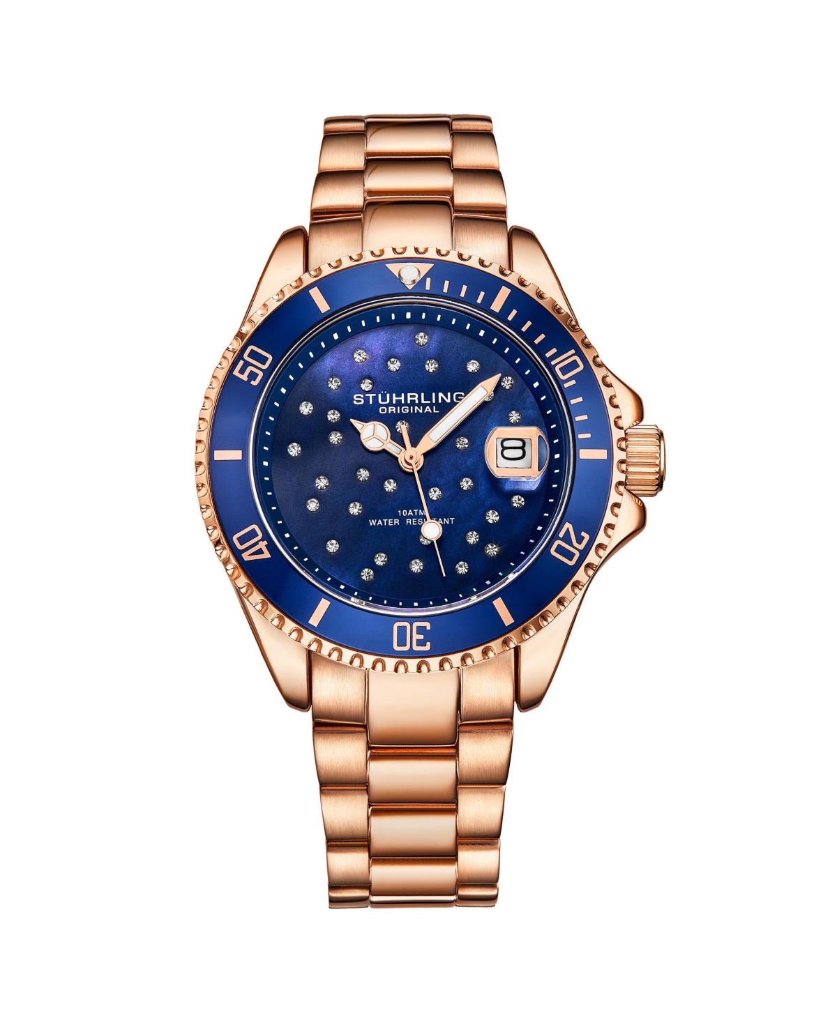 Ladies Diver Quartz Crystal Studded Case ,Mop Dial, Stainless Steel Bracelet Watch - Rose Gold