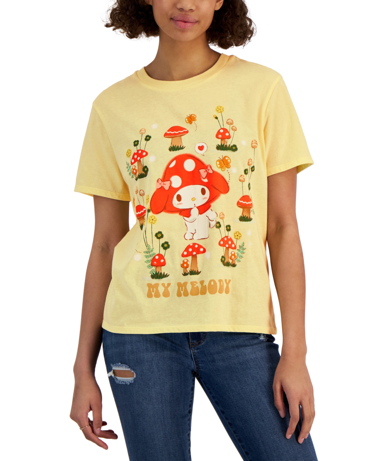 Love Tribe Juniors' My Melody Mushroom Graphic-print Tee In Anis Flower