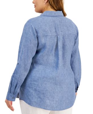 Plus Size 100% Linen Roll-Tab Shirt, Exclusively at Macy's