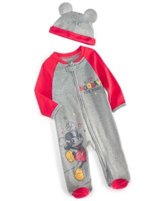 Disney - Baby Boys Mickey Mouse Hooray Footed Coverall & Hat, 2 Piece Set