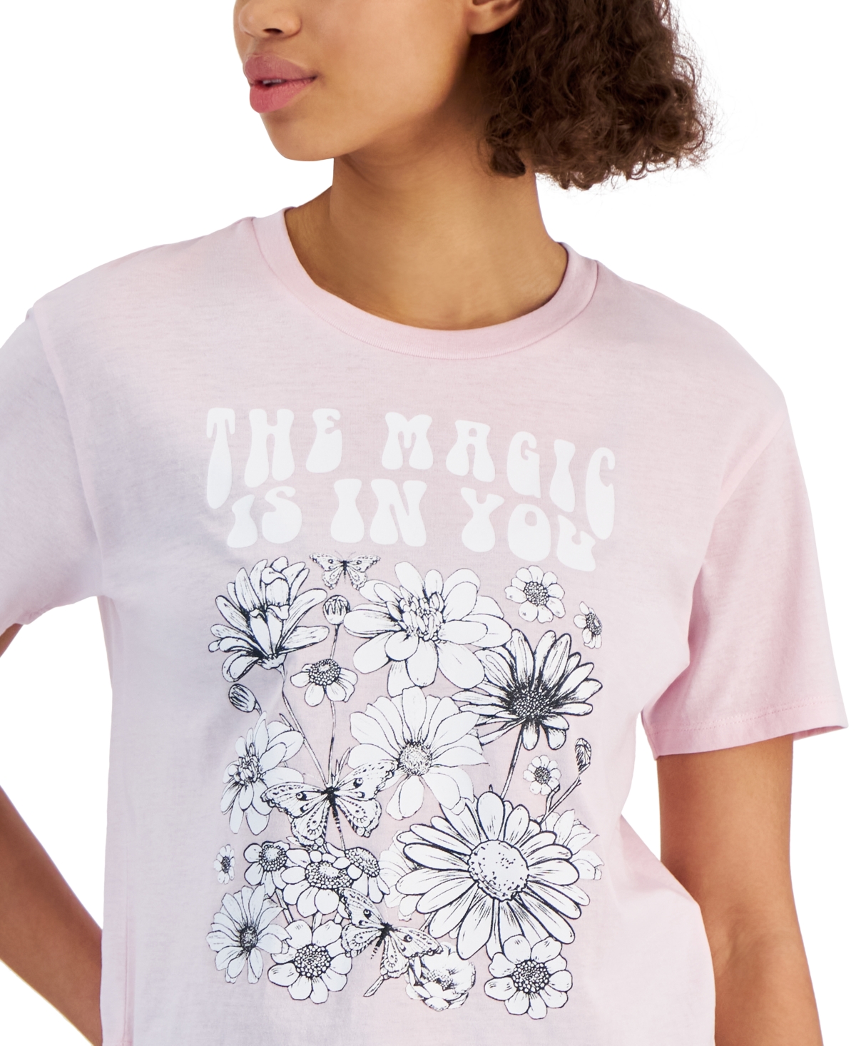 Shop Rebellious One Juniors' Magic Floral Graphic Crewneck Tee In Lilac Snow