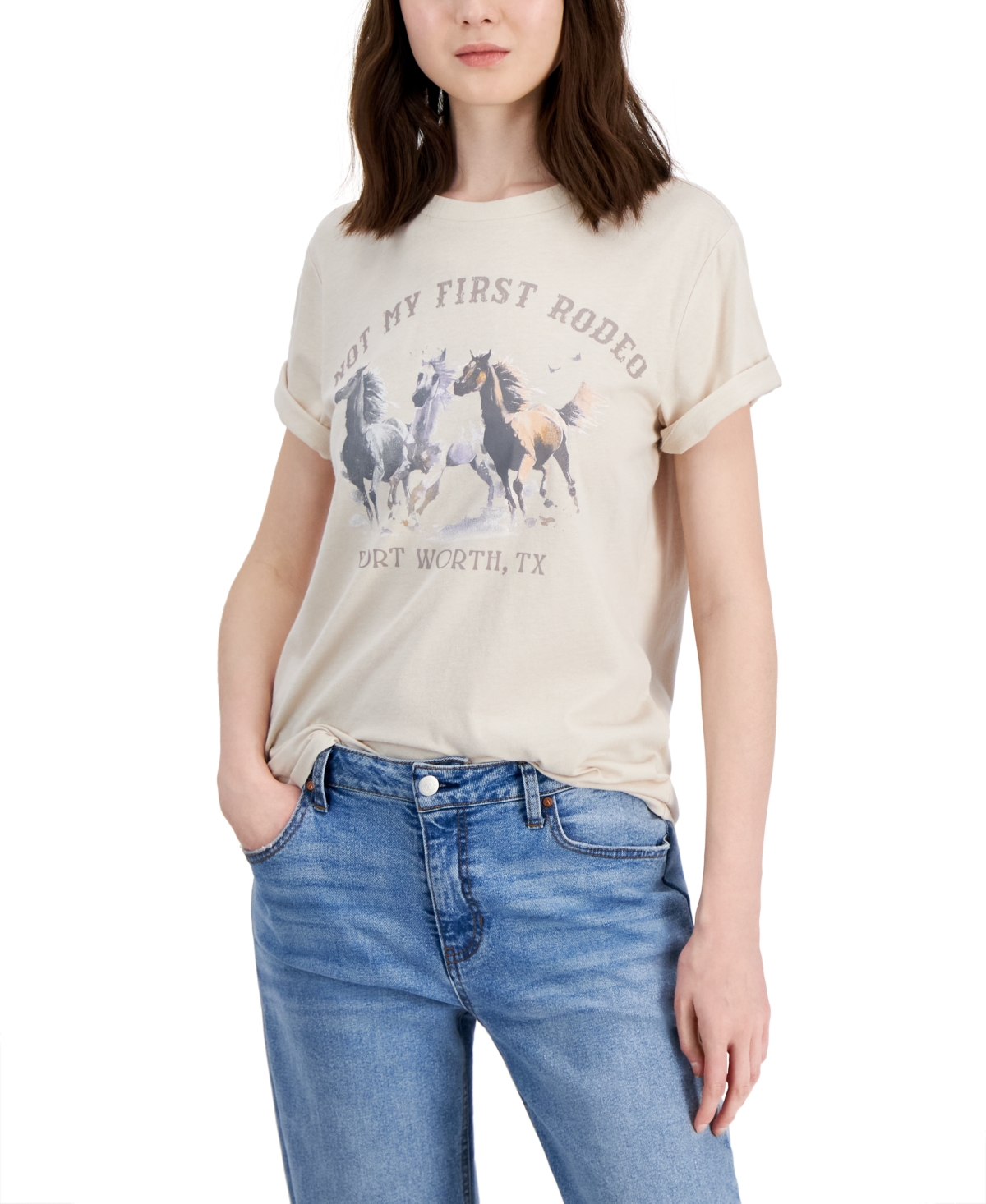 Shop Grayson Threads, The Label Juniors' Rodeo Rolled-cuff Crewneck Tee In Beige