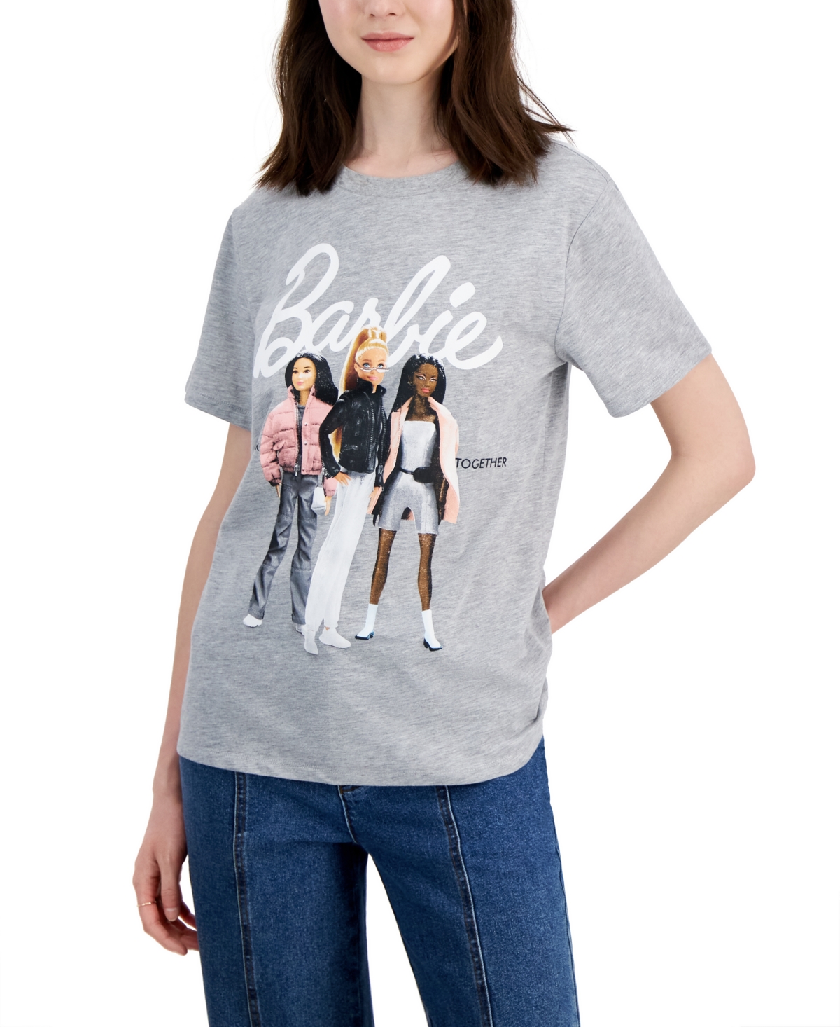Shop Grayson Threads, The Label Juniors' Cotton Barbie Crewneck Tee In Heather Grey