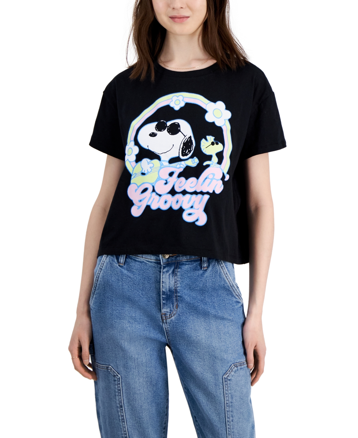 Grayson Threads, The Label Juniors' Cotton Snoopy Crewneck Tee In Black